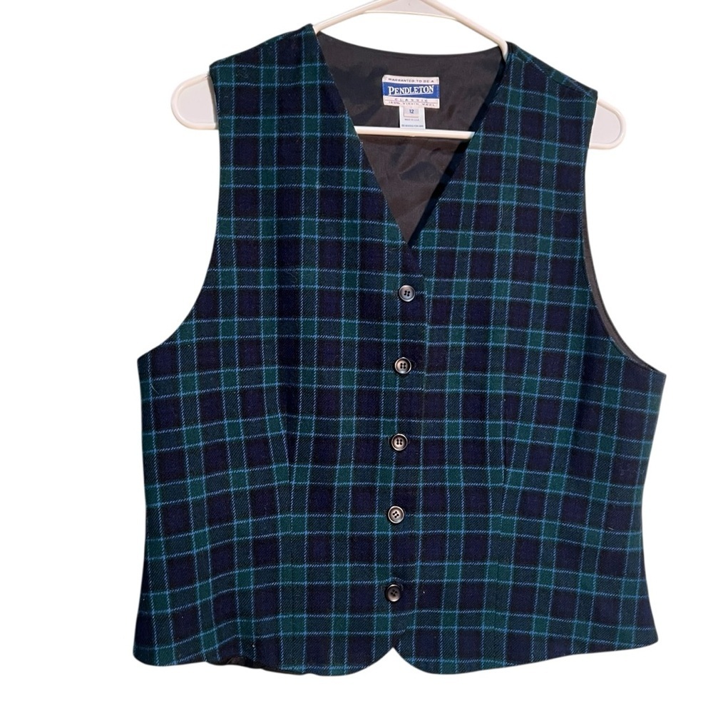 Vintage Pendleton Women's Size 12 Classic Vest Navy Blue Green Plaid Virgin Wool